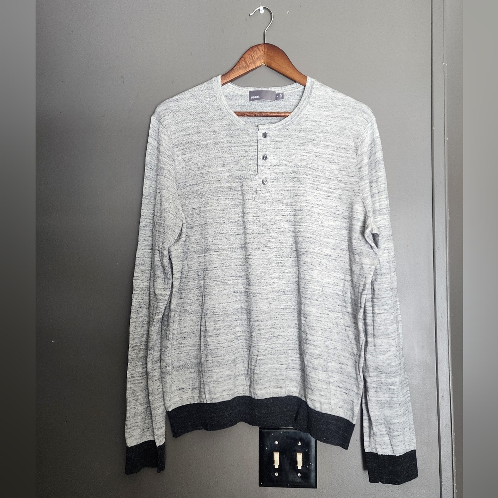 Vince Mens Lightweight Knit Henley Sweater  Heathered Grey Size Large Cashmere